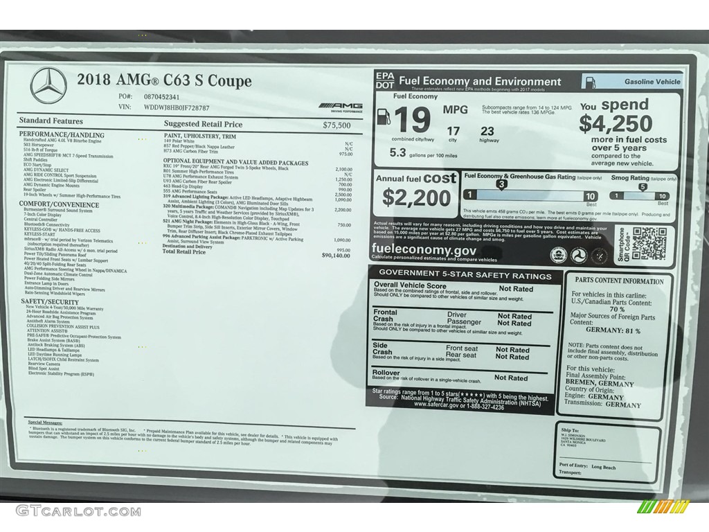 2018 Mercedes-Benz C 63 S AMG Coupe Window Sticker Photo #126991697