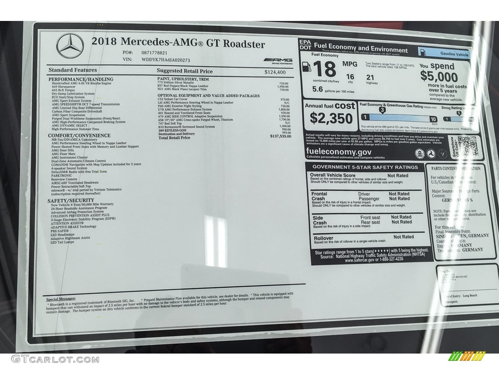 2018 Mercedes-Benz AMG GT Roadster Window Sticker Photos