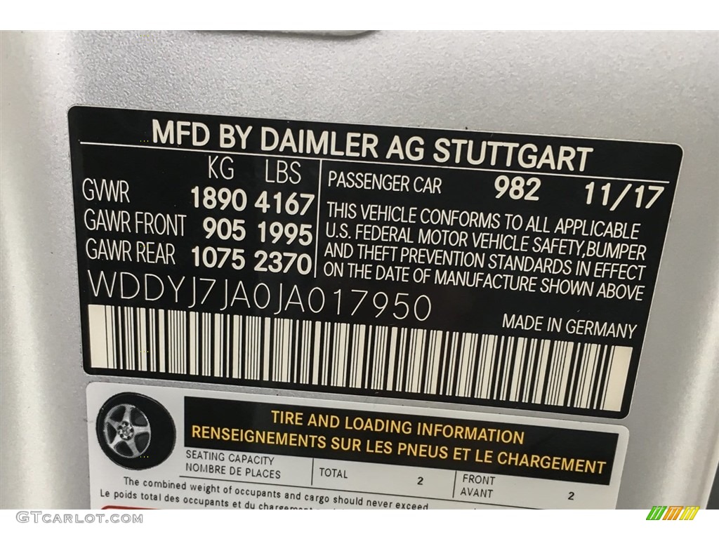 2018 AMG GT Color Code 982 for designo Iridium Silver Magno (Matte) Photo #126994920