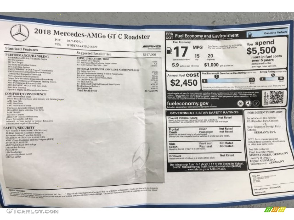 2018 Mercedes-Benz AMG GT C Roadster Window Sticker Photo #126995663