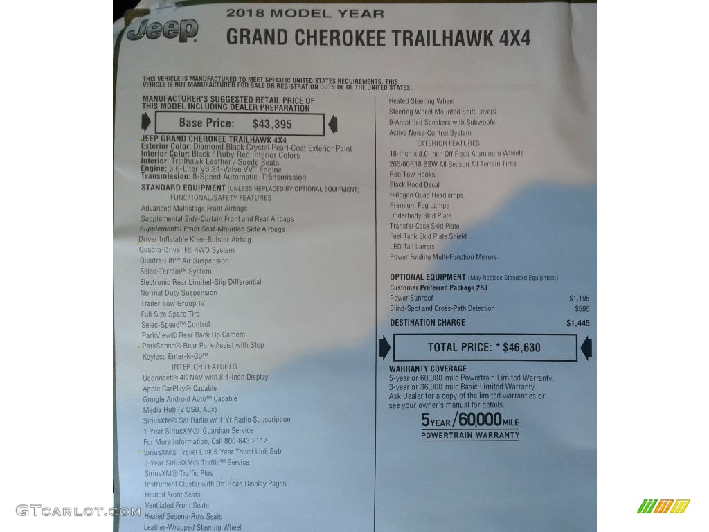 2018 Jeep Grand Cherokee Trailhawk 4x4 Window Sticker Photos