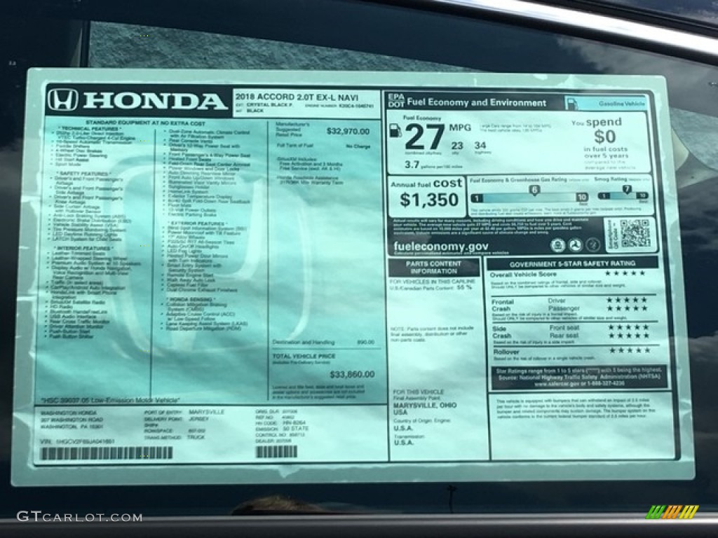 2018 Honda Accord EX-L Sedan Window Sticker Photos