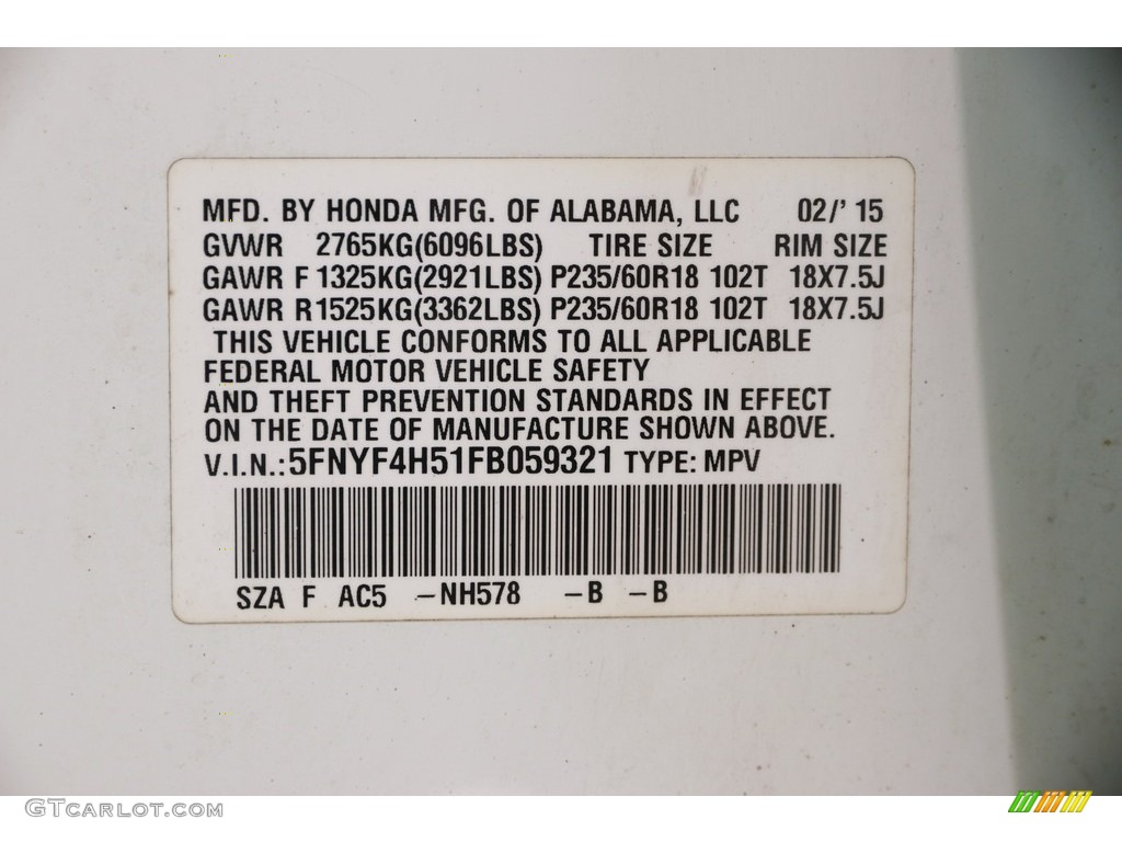 2015 Pilot EX-L 4WD - Taffeta White / Gray photo #22