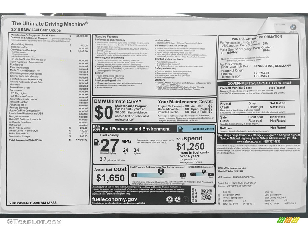2019 BMW 4 Series 430i Gran Coupe Window Sticker Photo #127107316