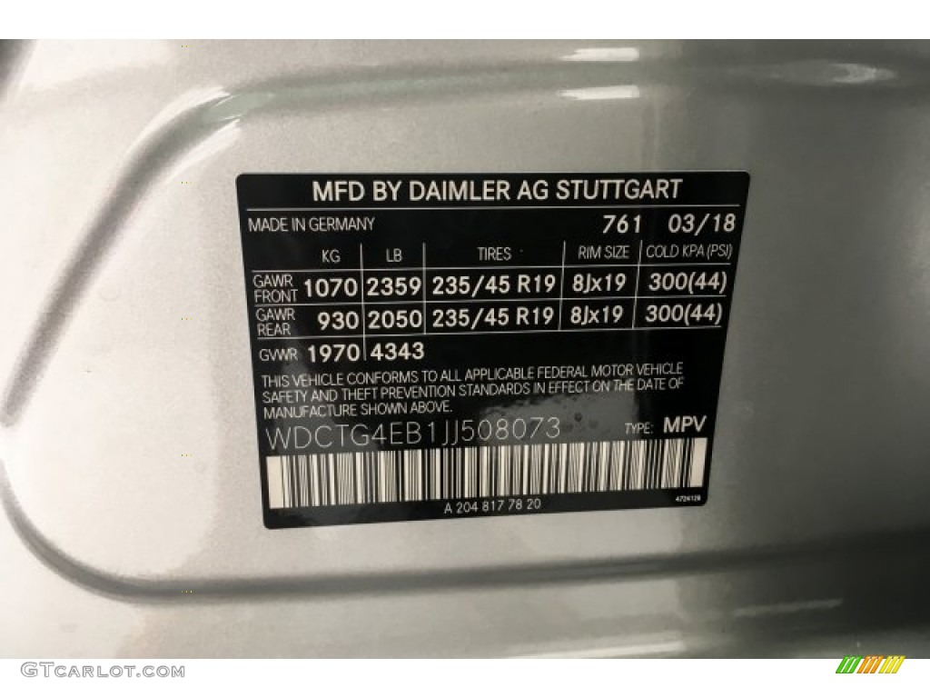 2018 GLA Color Code 761 for Polar Silver Metallic Photo #127120879