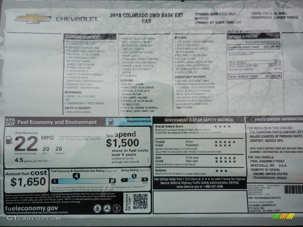 2018 Chevrolet Colorado WT Extended Cab Window Sticker Photo #127132256