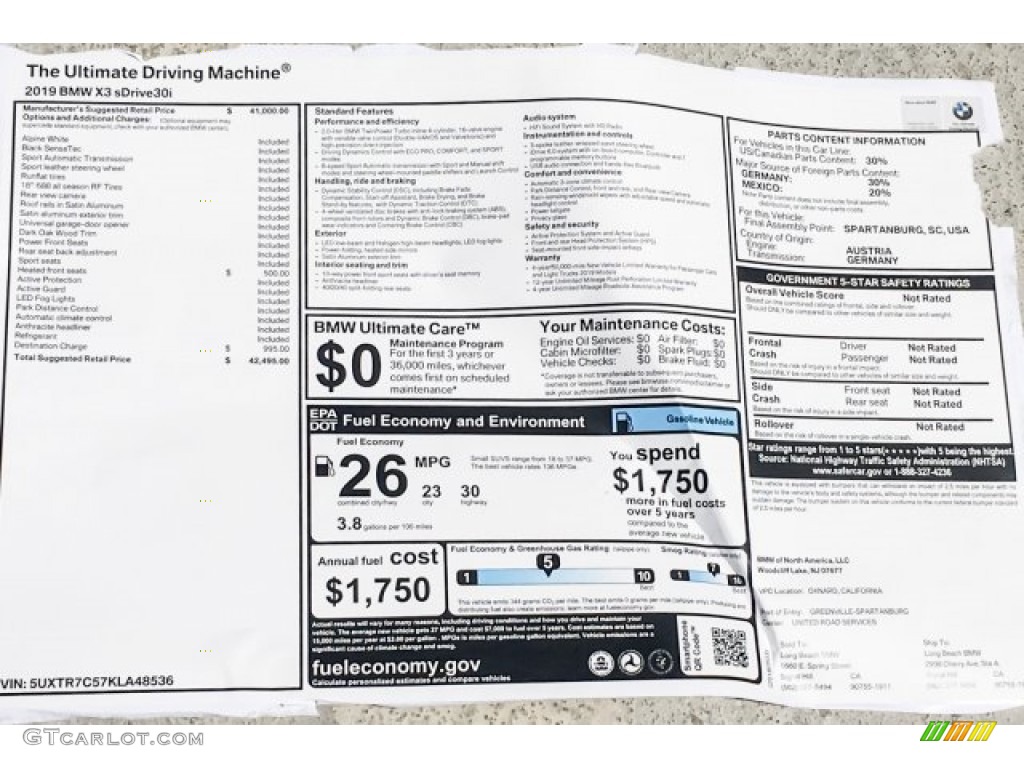 2019 BMW X3 sDrive30i Window Sticker Photo #127162522