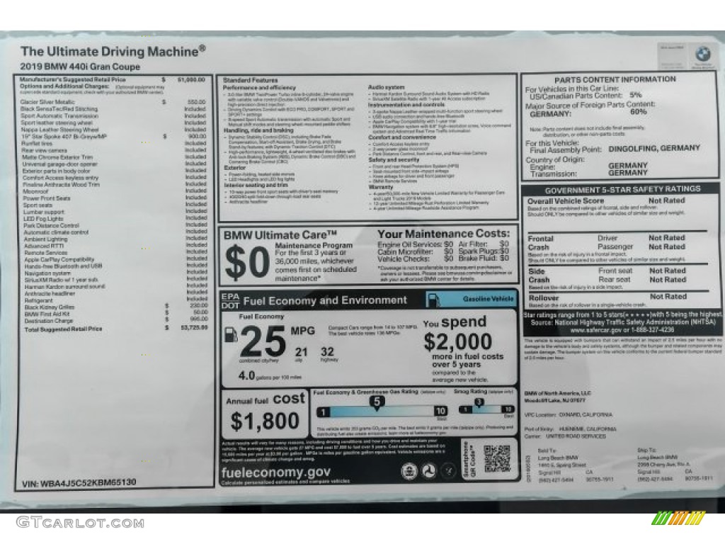 2019 BMW 4 Series 440i Gran Coupe Window Sticker Photo #127162657