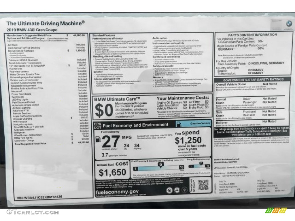2019 BMW 4 Series 430i Gran Coupe Window Sticker Photo #127162954