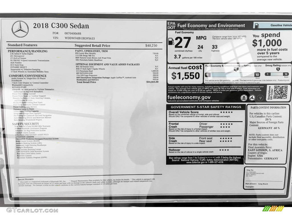 2018 Mercedes-Benz C 300 Sedan Window Sticker Photo #127165586