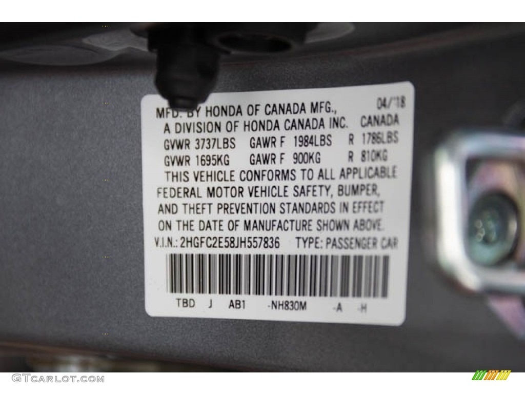 2018 Civic Color Code NH830M for Lunar Silver Metallic Photo #127166996