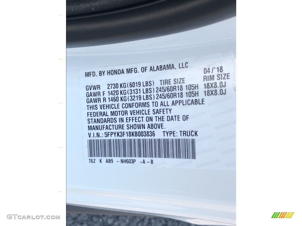 2019 Ridgeline Color Code NH603P for White Diamond Pearl Photo #127181358