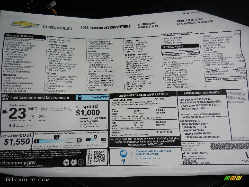 2018 Chevrolet Camaro LT Convertible Window Sticker Photos