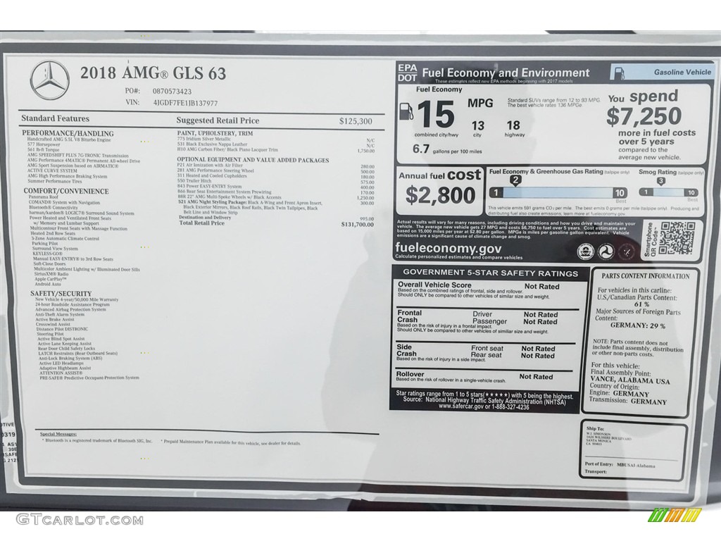 2018 Mercedes-Benz GLS 63 AMG 4Matic Window Sticker Photo #127203127