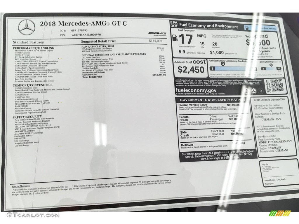 2018 Mercedes-Benz AMG GT C Coupe Window Sticker Photo #127204602