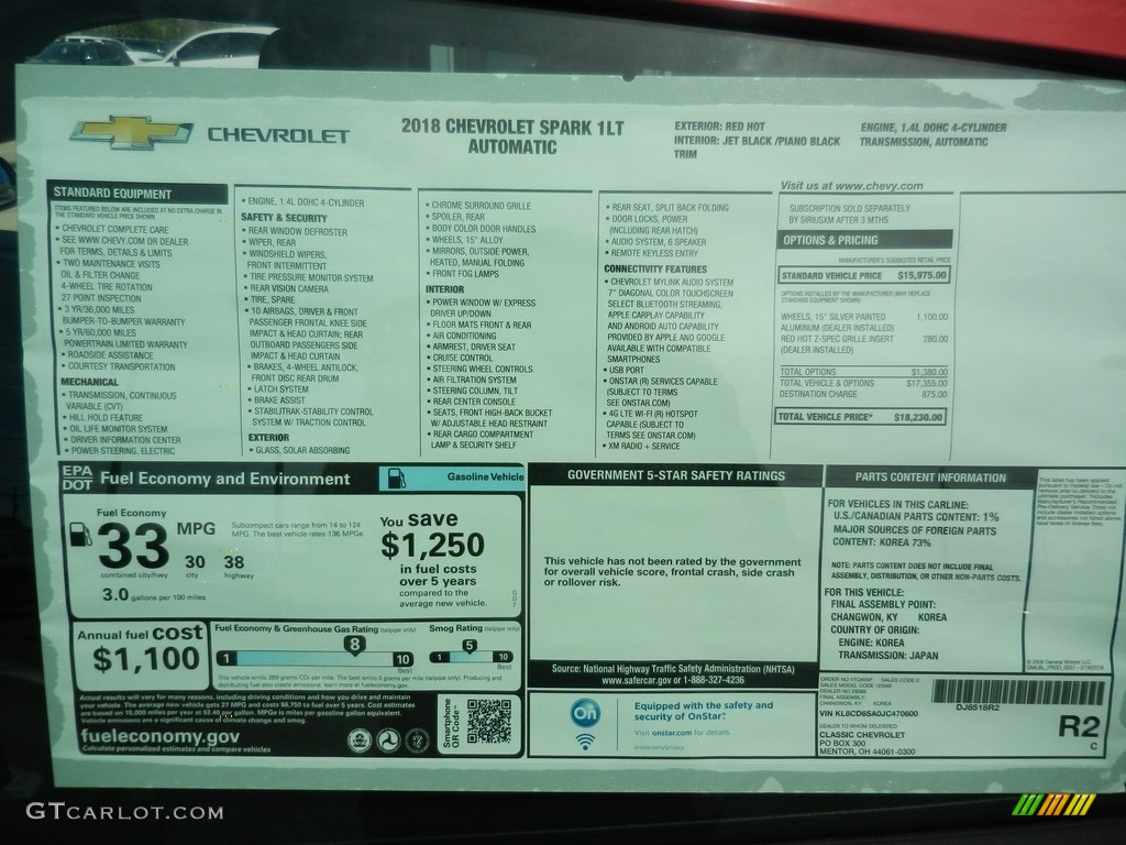2018 Chevrolet Spark LT Window Sticker Photo #127216656