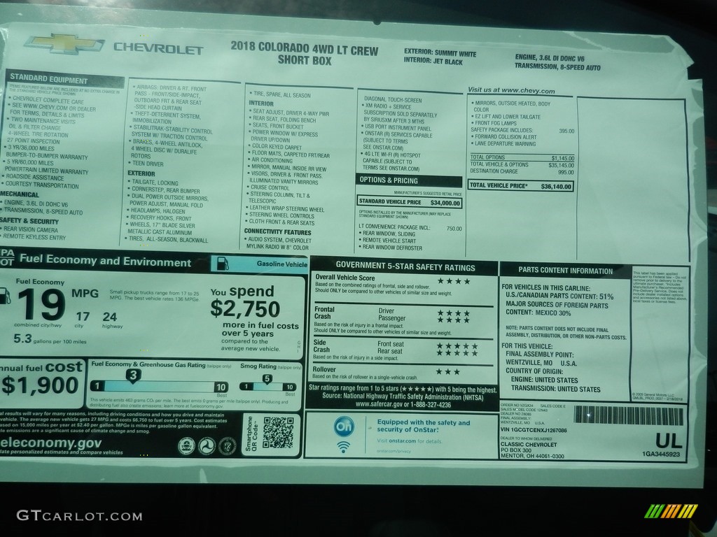2018 Chevrolet Colorado WT Extended Cab Window Sticker Photo #127220463