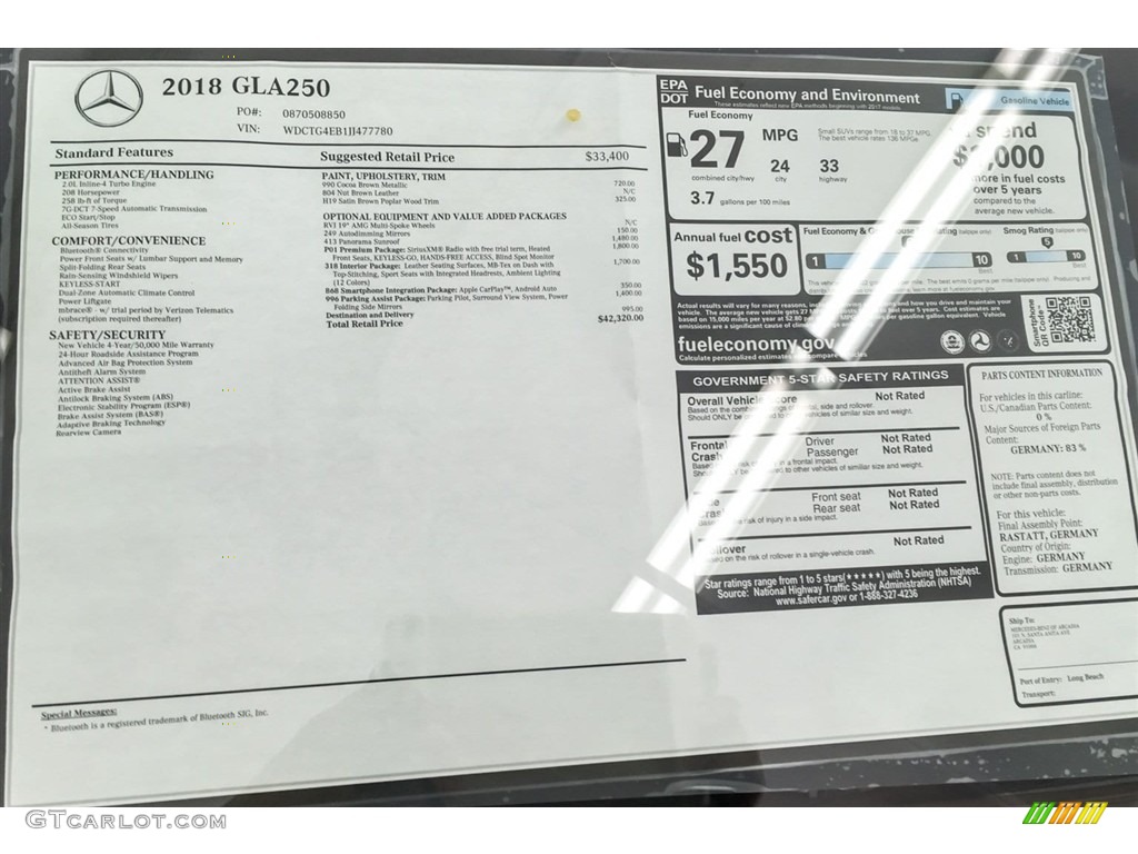 2018 Mercedes-Benz GLA 250 Window Sticker Photo #127222359