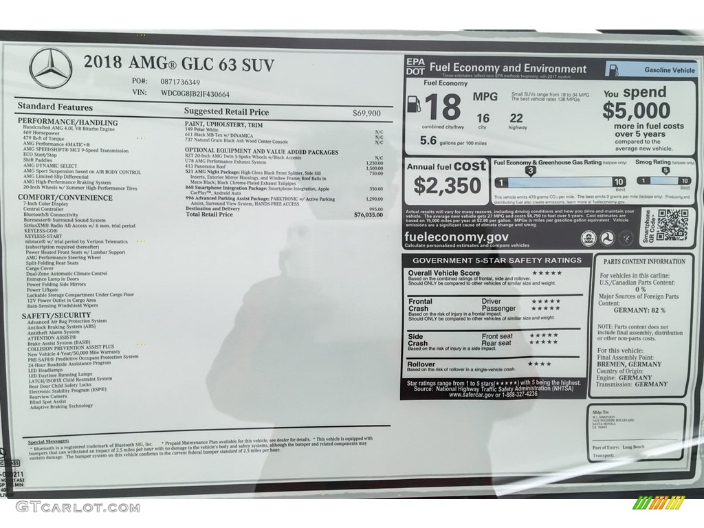 2018 Mercedes-Benz GLC AMG 63 4Matic Window Sticker Photo #127224543