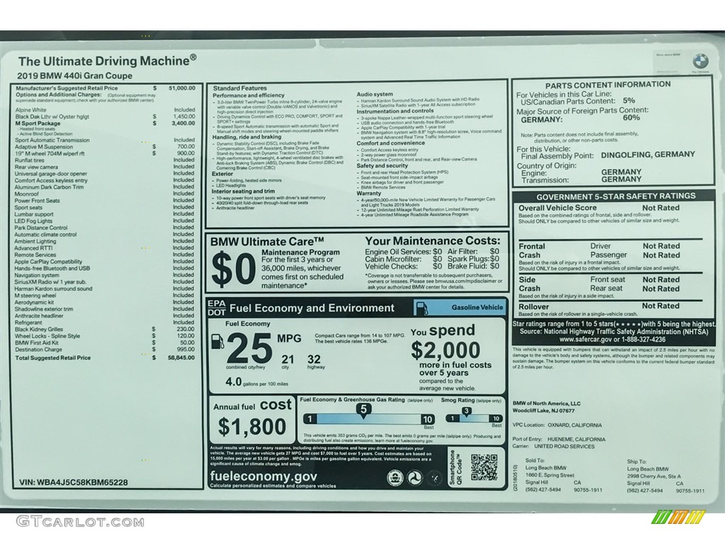 2019 BMW 4 Series 440i Gran Coupe Window Sticker Photo #127256724