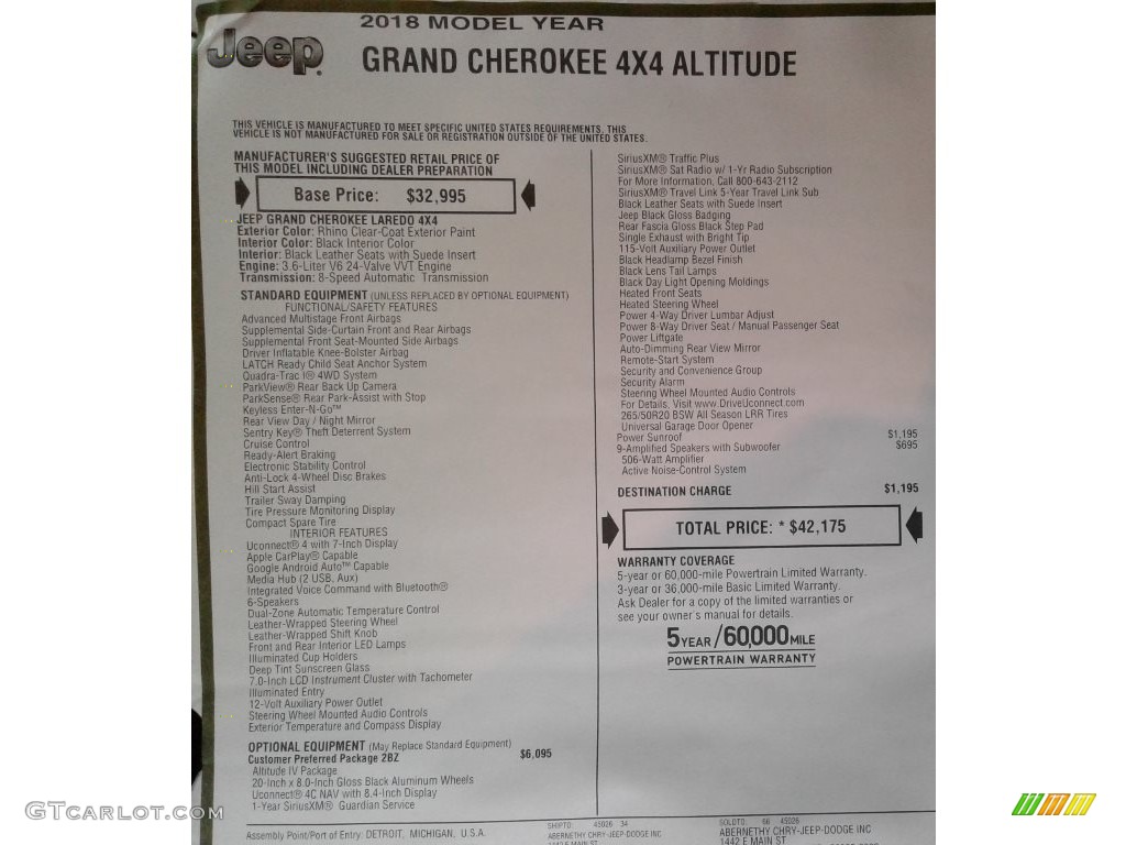 2018 Jeep Grand Cherokee Altitude 4x4 Window Sticker Photo #127271856