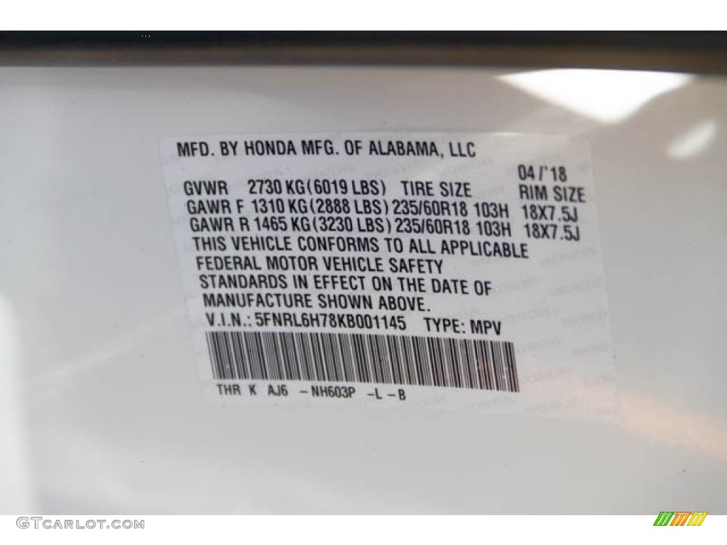 2019 Odyssey Color Code NH603P for White Diamond Pearl Photo #127294714