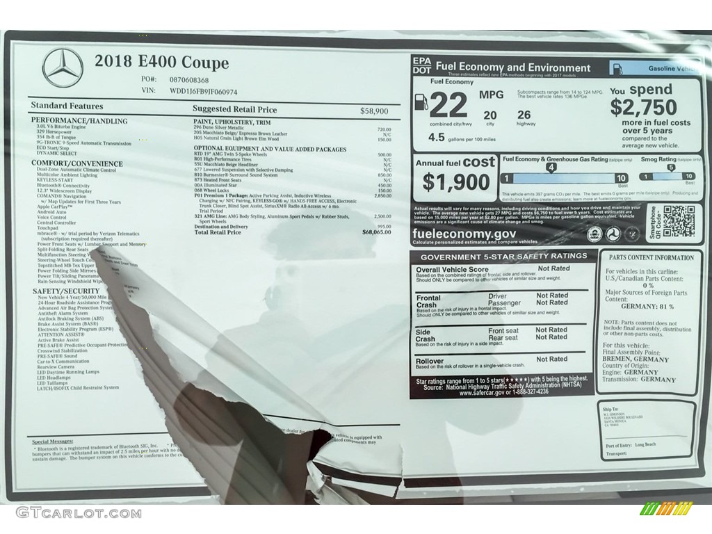 2018 Mercedes-Benz E 400 Coupe Window Sticker Photo #127323395