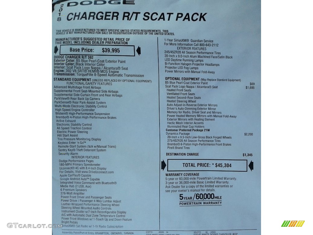 2018 Charger R/T Scat Pack - B5 Blue Pearl / Black photo #33