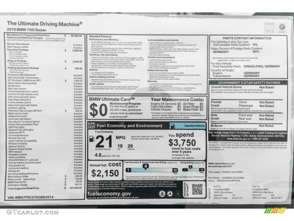 2019 BMW 7 Series 750i Sedan Window Sticker Photos