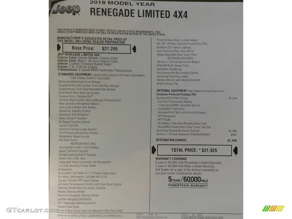 2018 Renegade Limited 4x4 - Glacier Metallic / Black/Ski Grey photo #35