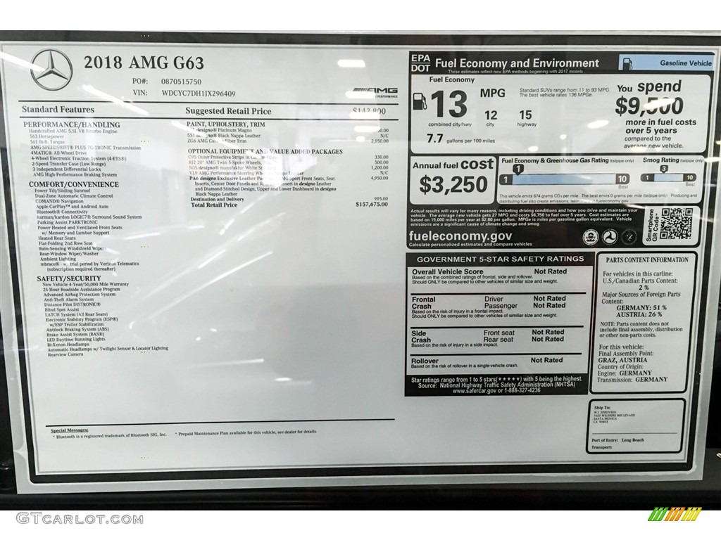 2018 Mercedes-Benz G 63 AMG Window Sticker Photo #127363969