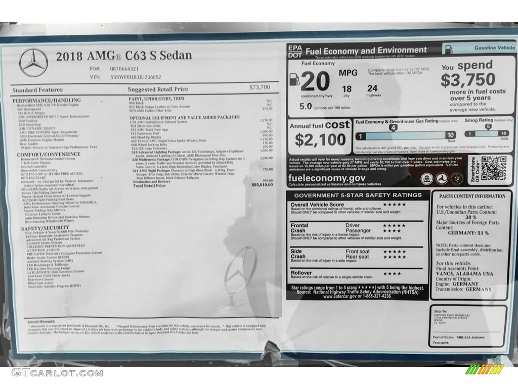 2018 Mercedes-Benz C 63 S AMG Sedan Window Sticker Photo #127365532