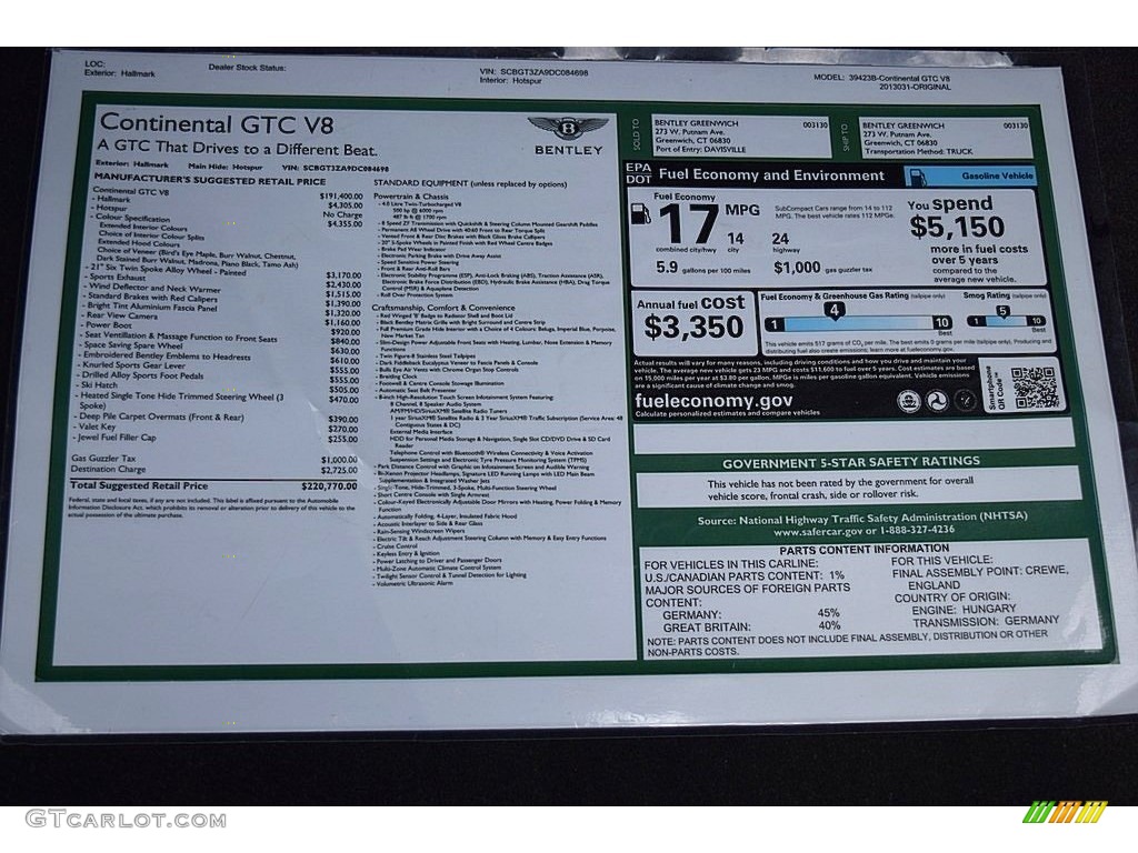 2013 Bentley Continental GTC V8 Standard Continental GTC V8 Model Window Sticker Photo #127380002