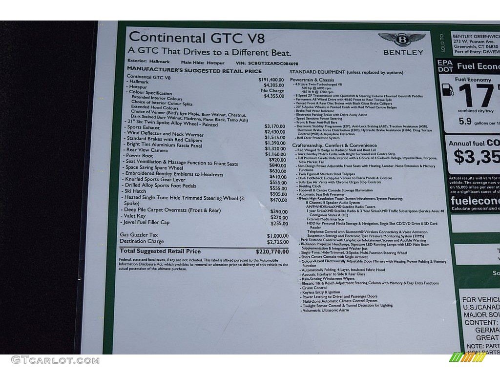 2013 Bentley Continental GTC V8 Standard Continental GTC V8 Model Window Sticker Photo #127380023