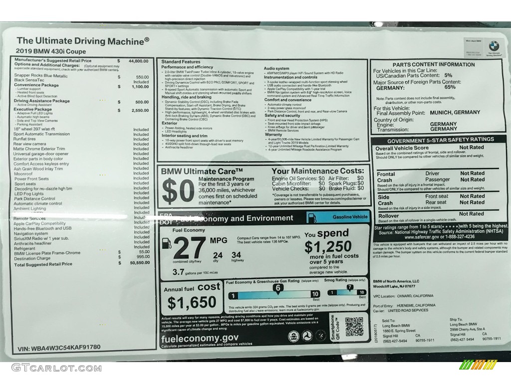 2019 BMW 4 Series 430i Coupe Window Sticker Photo #127387304