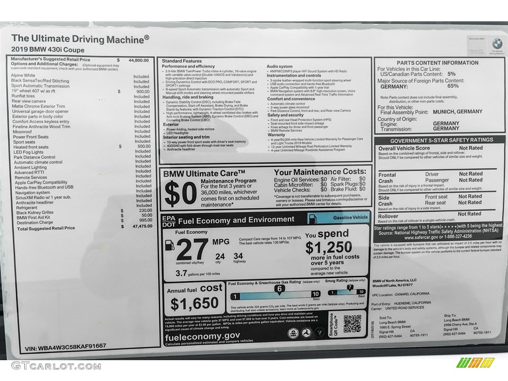 2019 BMW 4 Series 430i Coupe Window Sticker Photo #127387673