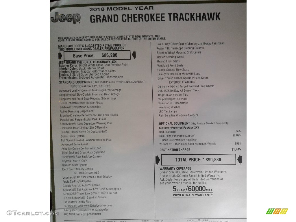 2018 Jeep Grand Cherokee Trackhawk 4x4 Window Sticker Photo #127397660