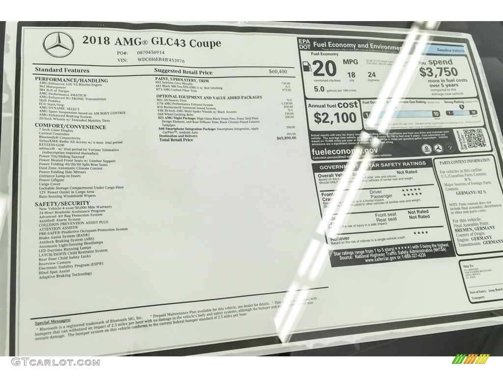 2018 Mercedes-Benz GLC AMG 43 4Matic Coupe Window Sticker Photo #127403508