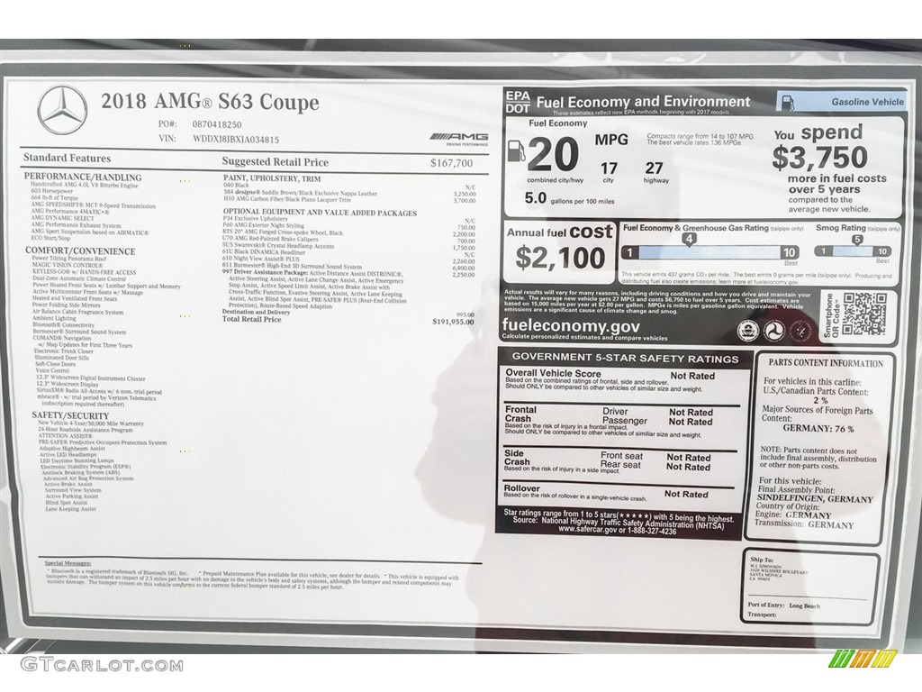 2018 Mercedes-Benz S AMG S63 Coupe Window Sticker Photo #127405053