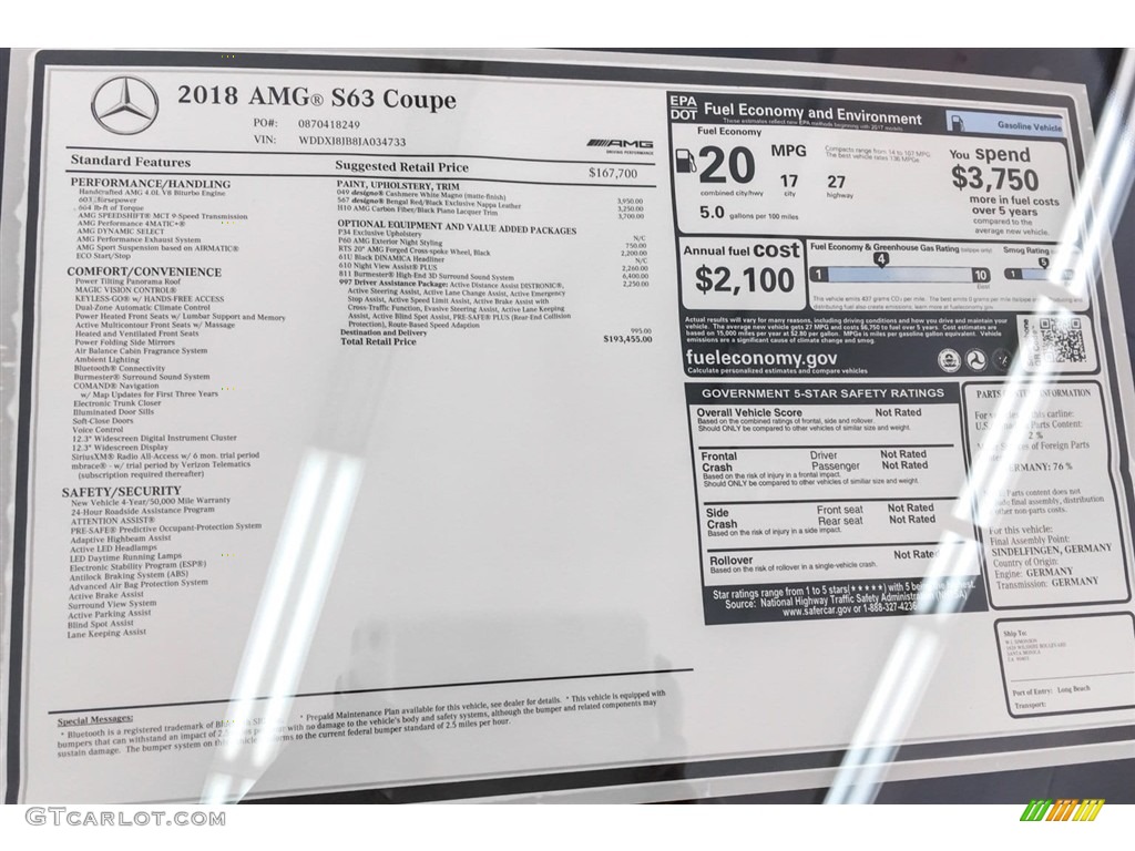 2018 Mercedes-Benz S AMG S63 Coupe Window Sticker Photo #127405995
