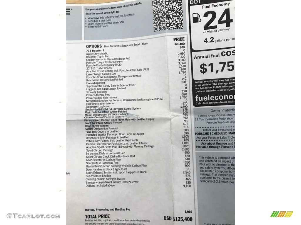 2017 Porsche 718 Boxster S Window Sticker Photo #127411788