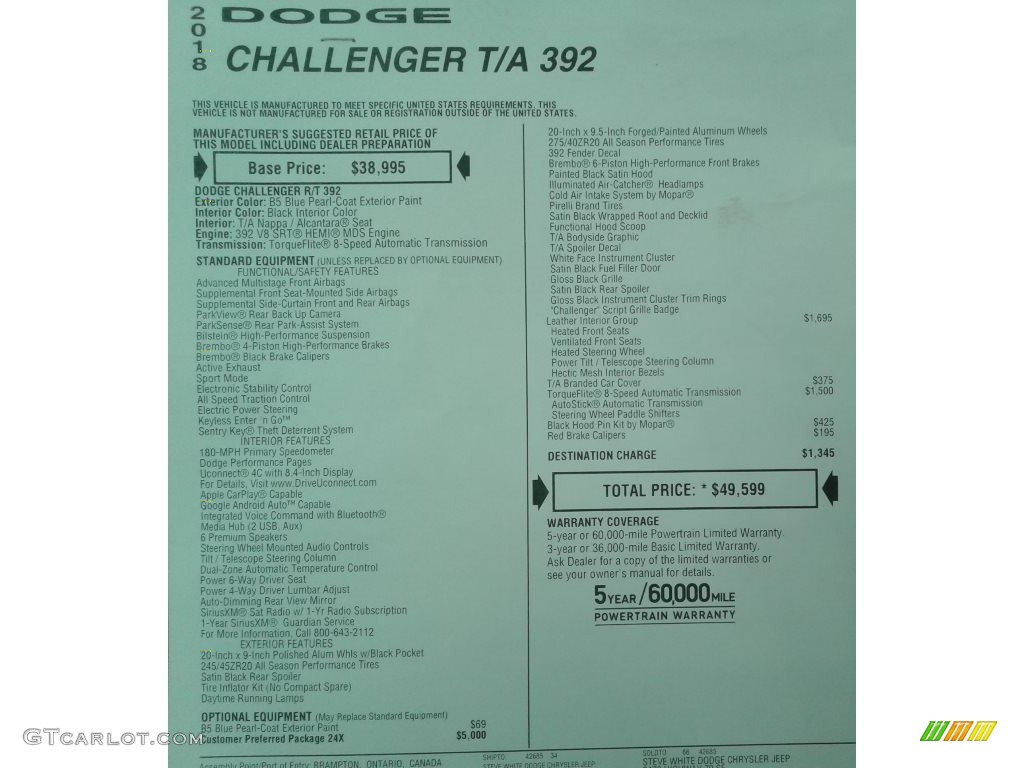 2018 Challenger T/A 392 - B5 Blue Pearl / Black photo #36