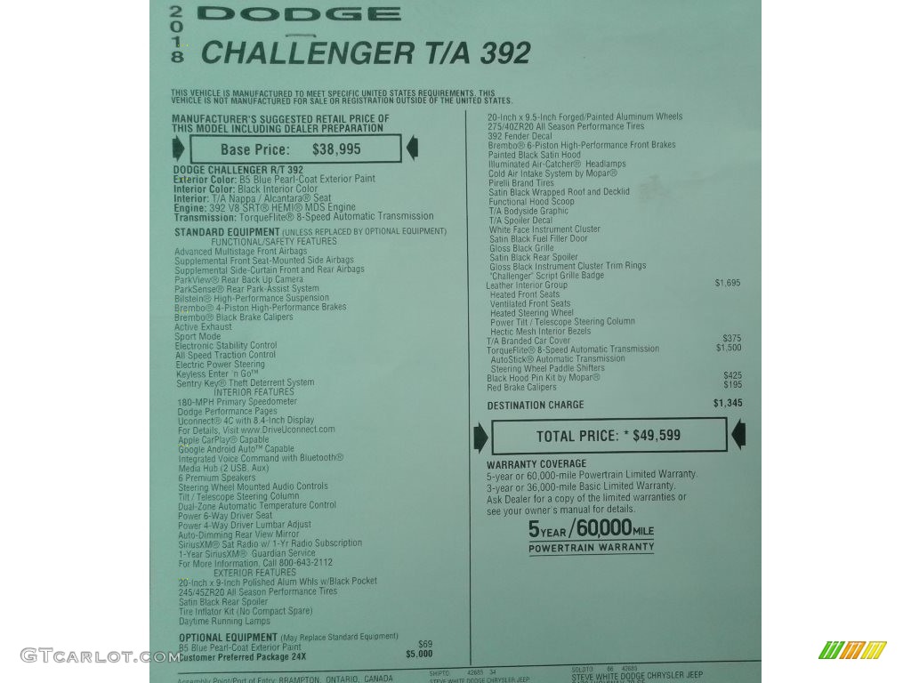 2018 Dodge Challenger T/A 392 Window Sticker Photos