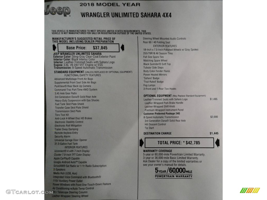 2018 Jeep Wrangler Unlimited Sahara 4x4 Window Sticker Photo #127459835