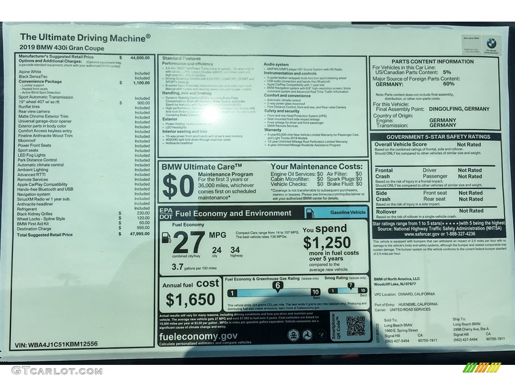 2019 BMW 4 Series 430i Gran Coupe Window Sticker Photo #127468637