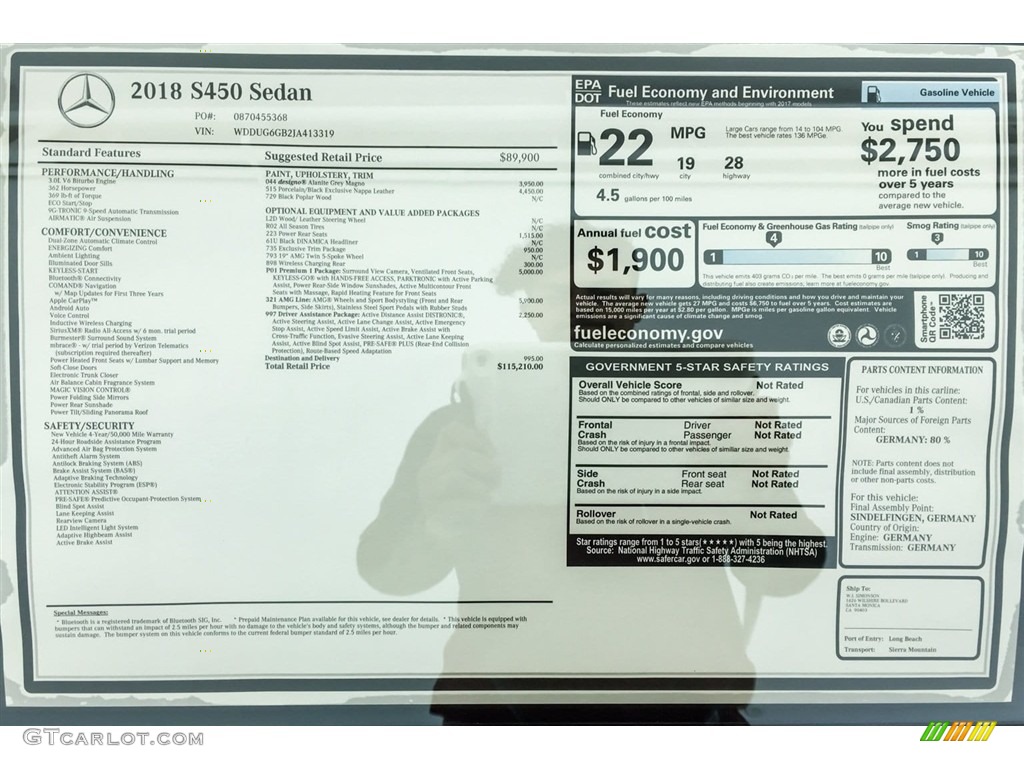 2018 Mercedes-Benz S 450 Sedan Window Sticker Photo #127488980