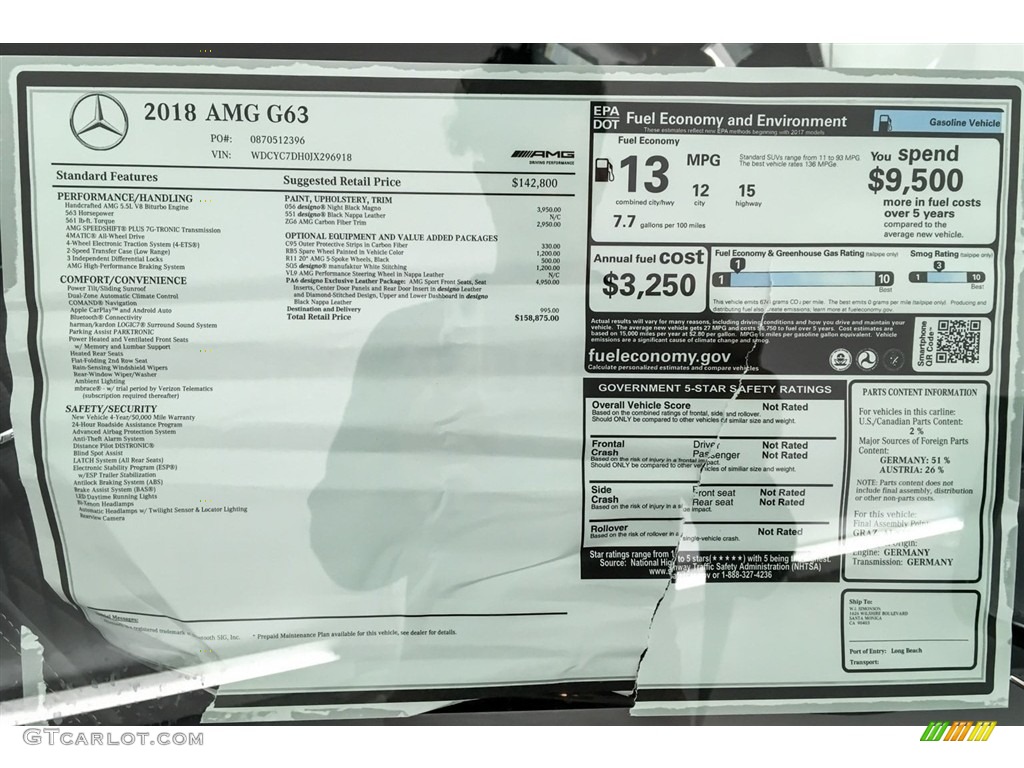 2018 Mercedes-Benz G 63 AMG Window Sticker Photo #127511731