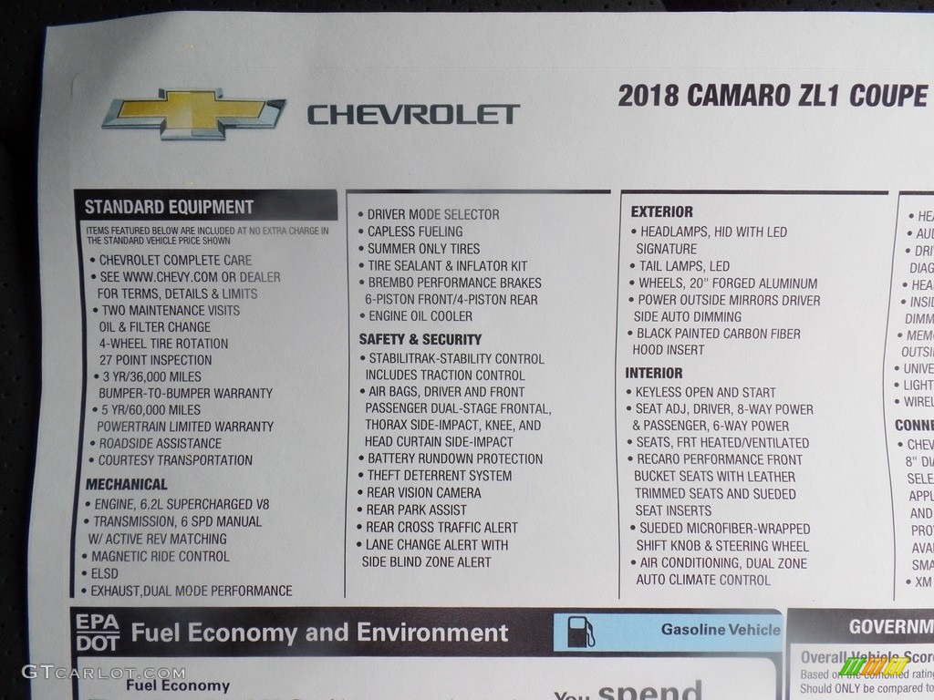 2018 Chevrolet Camaro ZL1 Coupe Window Sticker Photo #127518239