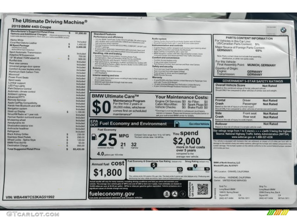 2019 BMW 4 Series 440i Coupe Window Sticker Photo #127527822
