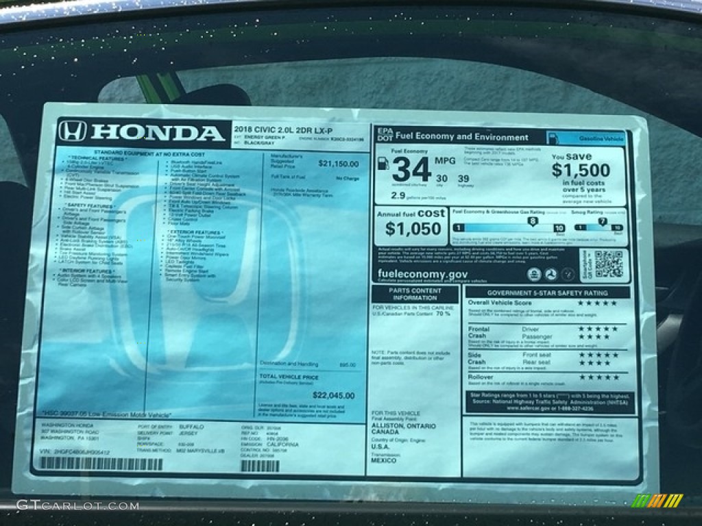 2018 Honda Civic LX-P Coupe Window Sticker Photo #127550218